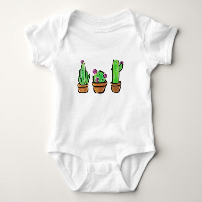 Body Para Bebê Cactus cactos, em flor rosa, suculentos (Frente)