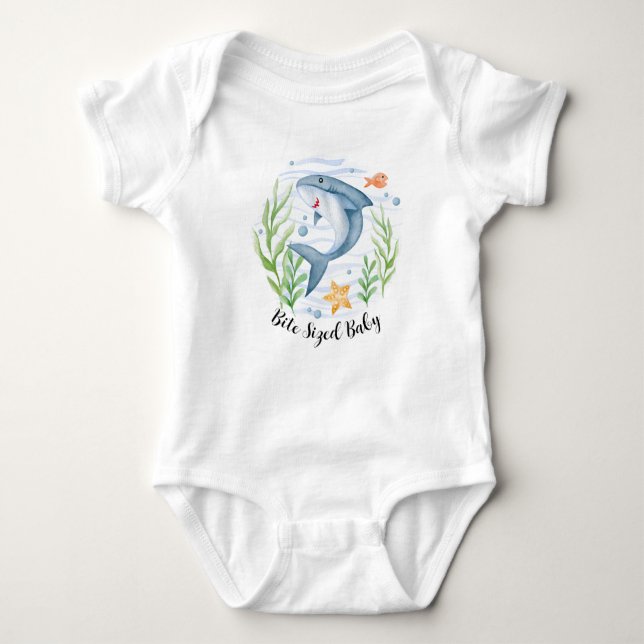 Body Para Bebê Camiseta-Bebê-Bite-Tubarão-Cute, Camisa-Bebê Sob O (Frente)