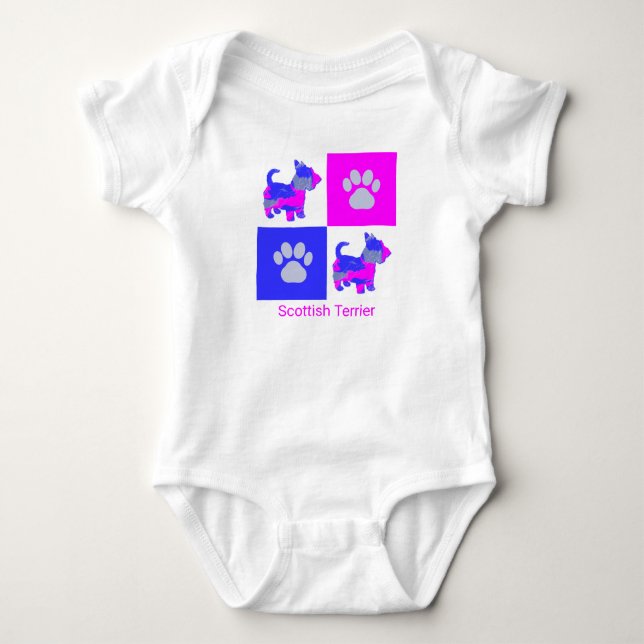 Body Para Bebê Cão-Terrier escocês e pata-rosa e azul (Frente)