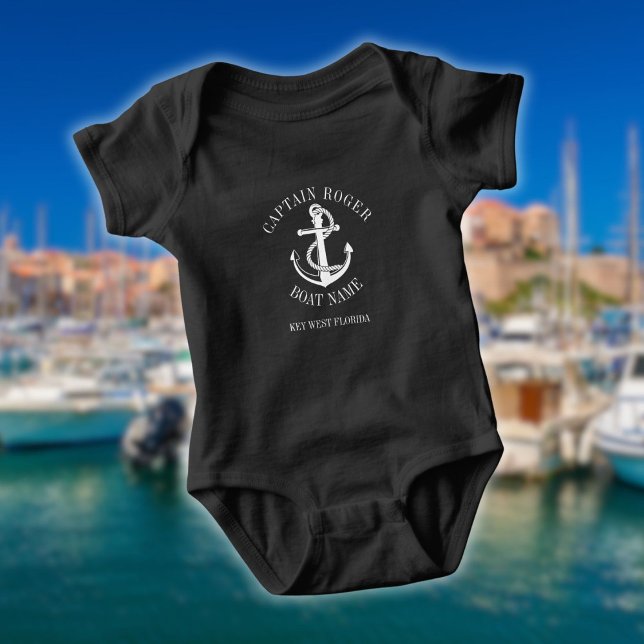 Body Para Bebê Capitão Capitão Anchor Náutico Nome do Barco (Personalized Captain Nautical Anchor Boat Name Baby Bodysuit)