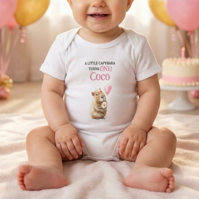 Body Para Bebê Capybara First Birthday • Birthday Outfit (baby wearing white bodysuit with cute capybara holding flower and balloon )