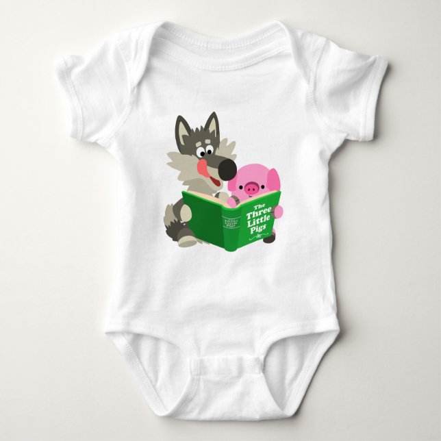 Body Para Bebê Cartoon Bonito Porco E Lobo Lendo Bebê De Roupa (Frente)