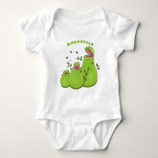 Body Para Bebê Cartoon de plantas carnívoras verdes e engraçadas (Frente)