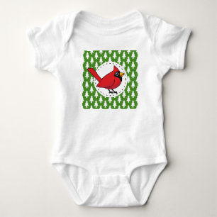 Body Para Bebê Cartoon Red Cardinal sobre Pinheiros Brancos Verde