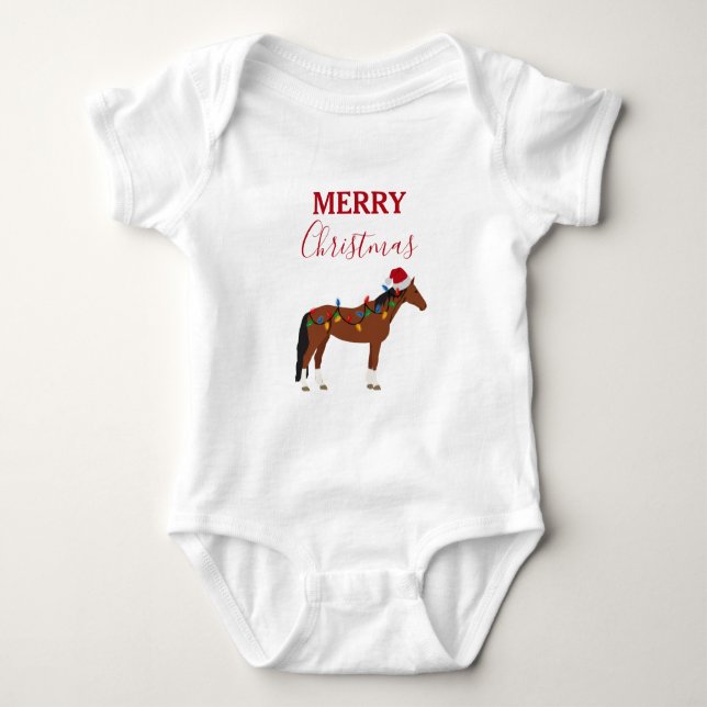 Body Para Bebê Cavalo de Natal Santa Hat Luzes de Natal (Frente)