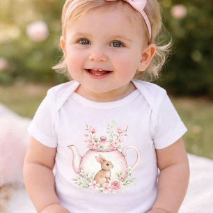 Body Para Bebê Chá de Bebê Floral com Bunny Rabbit em Aquarela