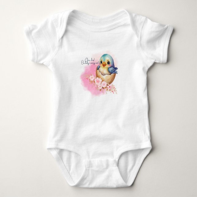 Body Para Bebê Chá de fraldas Floral Elegante De Ave-Egg Cute Kaw (Frente)