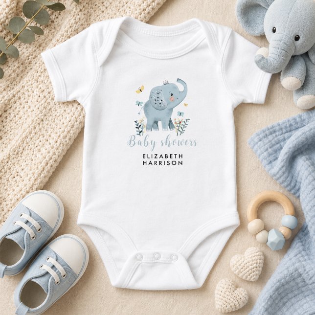 Body Para Bebê Chá Elefante Azul Bebê Adorável (Adorable Elephant Blue Baby Boy Shower Bodysuit)