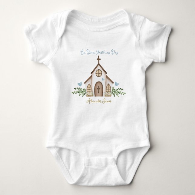 Body Para Bebê Christening Church Eucalyptus Leaves T-Shirt (Frente)