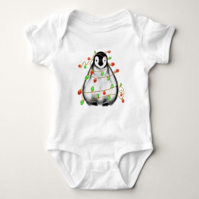 Body Para Bebê Christmas baby penguin red green holiday lights (Frente)