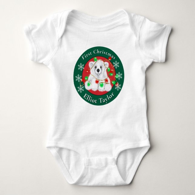 Body Para Bebê Christmas cute polar bear cub red green lights  (Frente)