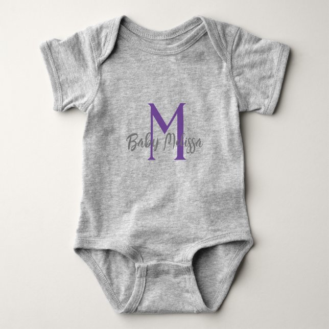 Body Para Bebê cinza monograma bebê nome unisex personaliza mínim (Frente)