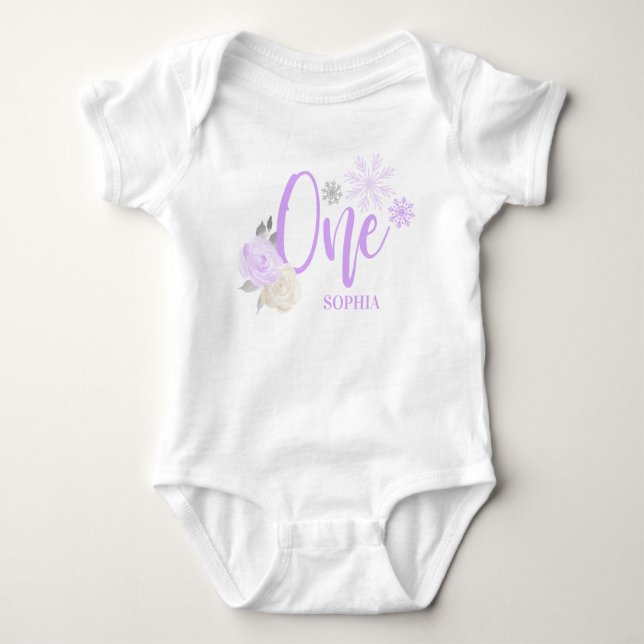 Body Para Bebê Cinza roxa Floral Winter ONEderland primeiro anive (Frente)