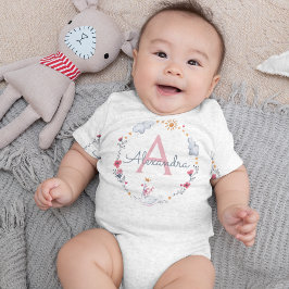 Body Para Bebê Cisne rosa-claro e coroa floral solar com monogram