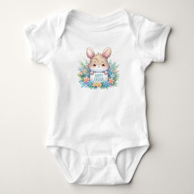 Body Para Bebê Coelhinho de Páscoa bonito com Flores (Frente)
