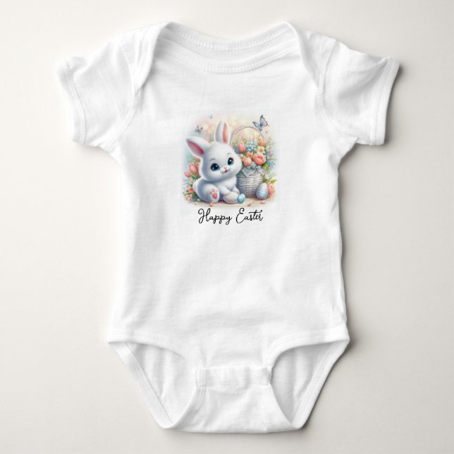 Body Para Bebê Coelhinho de Páscoa Fofo com Cesto, Flores (Frente)