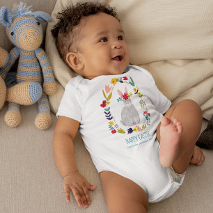 Body Para Bebê coelho da Páscoa bunny cinza desenho floral