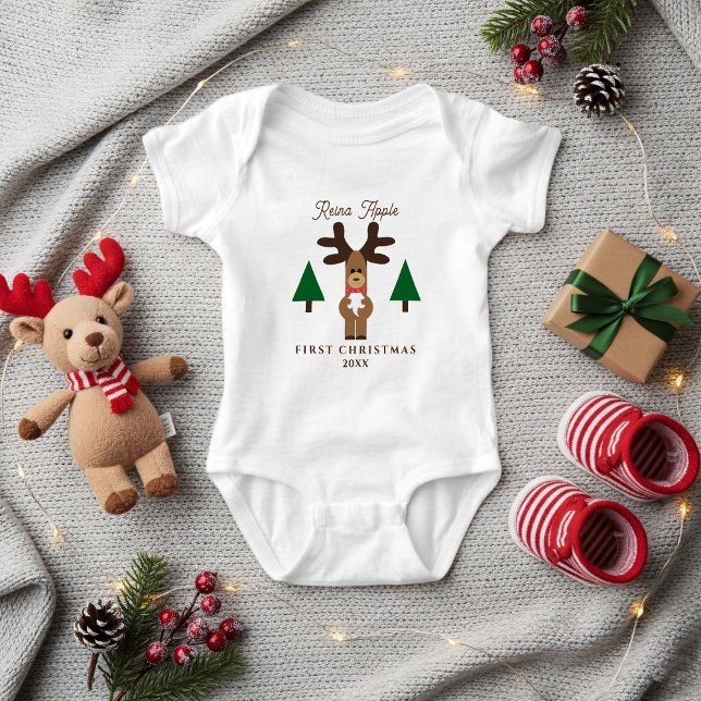 Body para Bebê com Nome de Rena no Primeiro Natal (A cute First Christmas Reindeer Baby Bodysuit with space for a name and year)