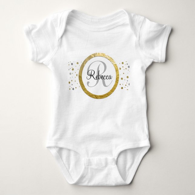 Body Para Bebê Confetti Prata/Monograma Dourado (Frente)