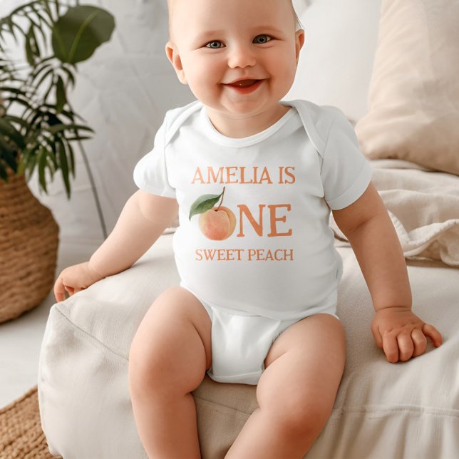Body Para Bebê Convite de 1º aniversário One Sweet Gingham Peach (Criador carregado)