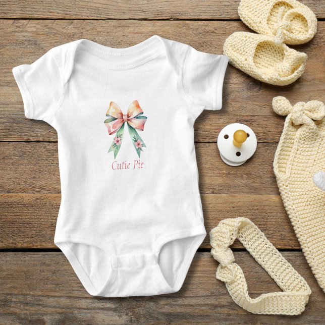 Body Para Bebê Coquete de Arco Floral Verde Rosa Personalizado (Personalized Floral Bow Baby girl baby body suit. Baby shower gift, new baby gift, 1st birthday gift)