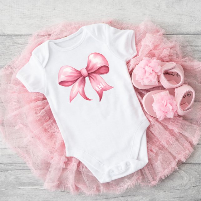 Body Para Bebê Coquette de Laço Rosa para Chá de Bebê com Monogra (Criador carregado)