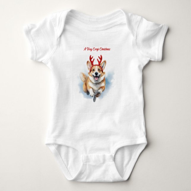 Body Para Bebê Corgi de Natal com galhadas de Reindeer saltando (Frente)