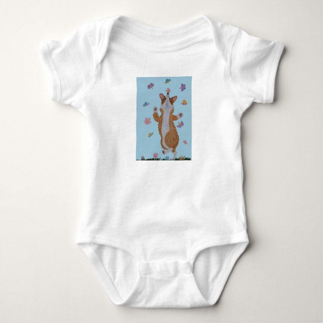 Body Para Bebê Corgi Galês dançante com borboletas (Frente)