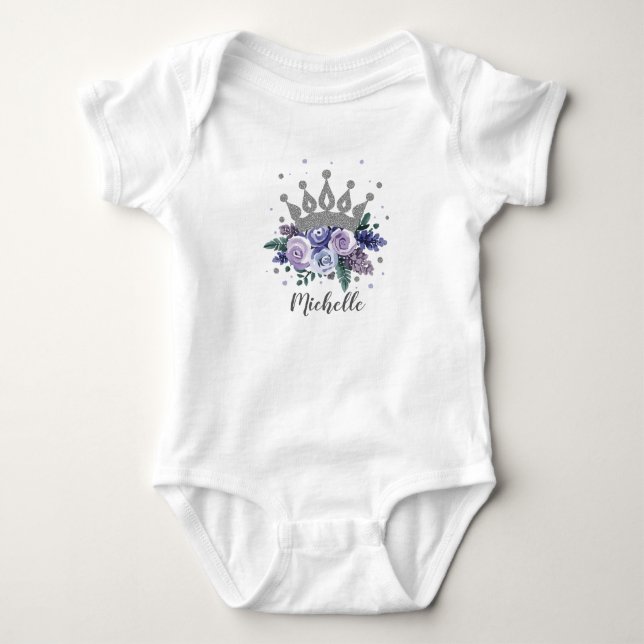 Body Para Bebê Coroa de Princesa Floral Prata Roxa Personalizada (Frente)