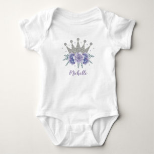 Body Para Bebê Coroa de Princesa Floral Prata Roxa Personalizada