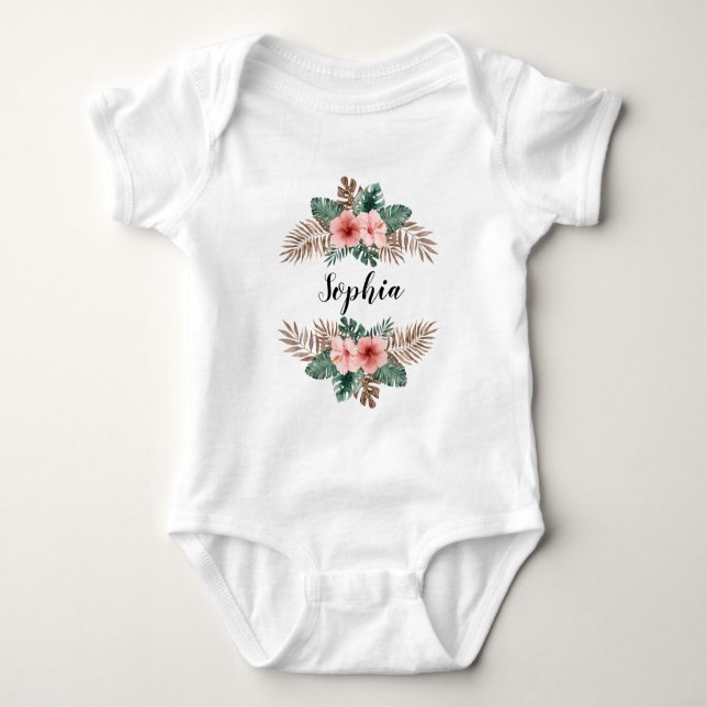 Body Para Bebê Coroa Floral Tropical Aquarela com Texto Personali (Frente)