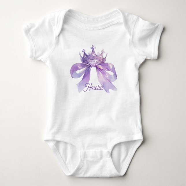 Body Para Bebê Coroa roxa e arco Nome de bebê personalizável  (Frente)