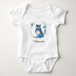 Body Para Bebê Coruja Azul Aquarela e Rosas Femininas