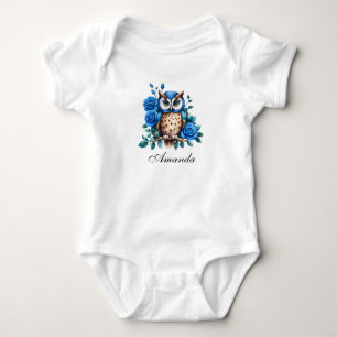 Body Para Bebê Coruja Azul e Rosas em Aquarela Elegante