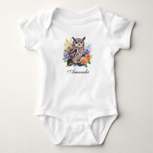 Body Para Bebê Coruja em Aquarela com Flores Coloridas