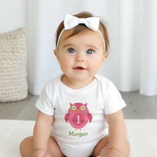 Body Para Bebê Coruja rosa-branca Nome Primeiro Aniversário