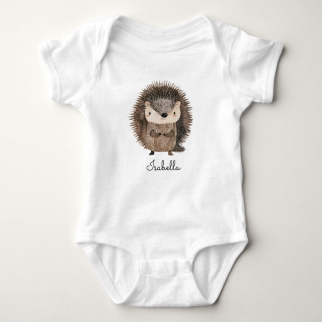 Body Para Bebê Cótulo Aquoso Woodland Animal Hedgehog Nome Bebê (Frente)