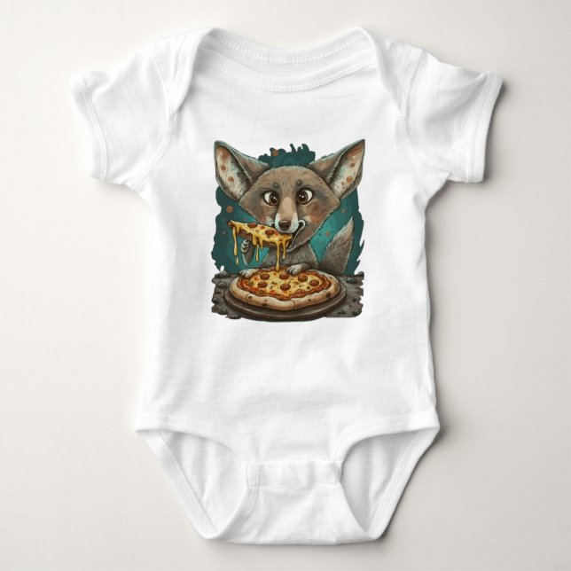 Body Para Bebê Coyote engraçado comendo pizza (Frente)