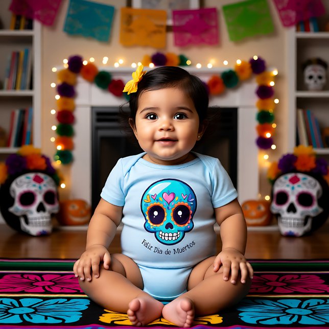 Body Para Bebê 🌹 Crânio de Bebê em 🌹 azul (🌹Baby Sugar Skull in blue 🌹 Baby Bodysuit)