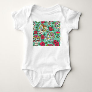 Body Para Bebê Crânio mexicano e flores, sem costura.