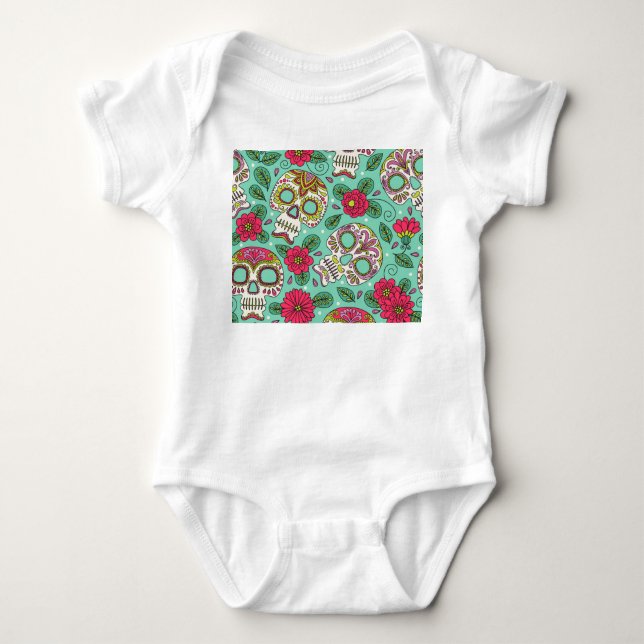 Body Para Bebê Crânio mexicano e flores, sem costura. (Frente)