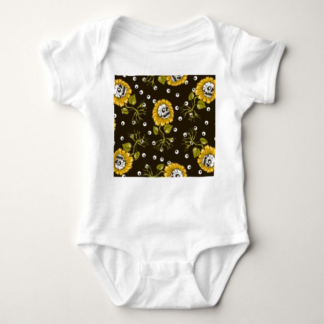 Body Para Bebê Crânios De Girassol: Padrão Único Sem Olho. (Frente)