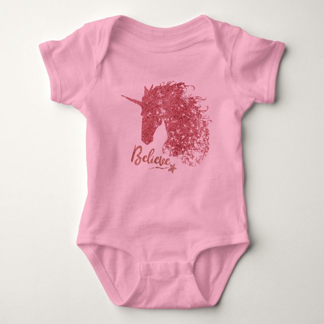 Body Para Bebê Crente de Unicórnio (Rosa Dourado) (Frente)
