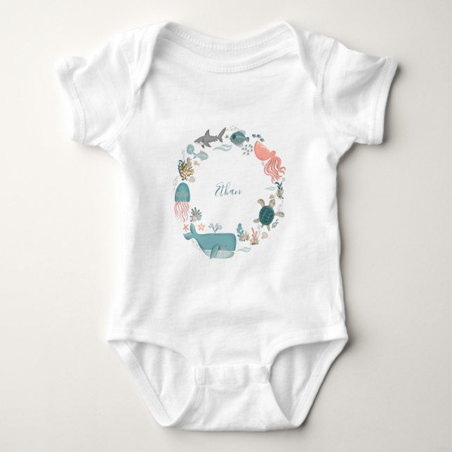 Body Para Bebê Crianças Sob o Mar Nome Personalizado Aquarela (Frente)