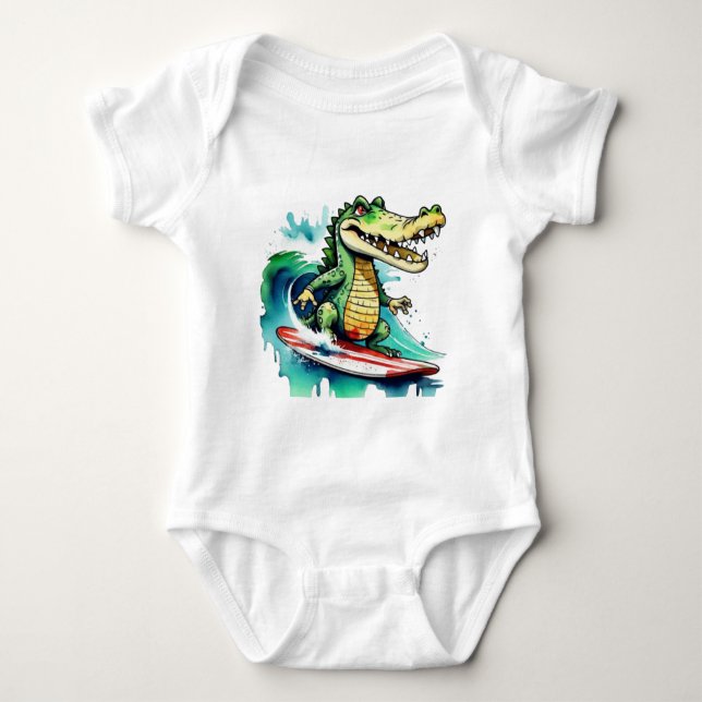 Body Para Bebê Crocodilo engraçado surfando T-Shirt (Frente)