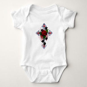 Body Para Bebê Cruz de Prata com Rosa vermelha