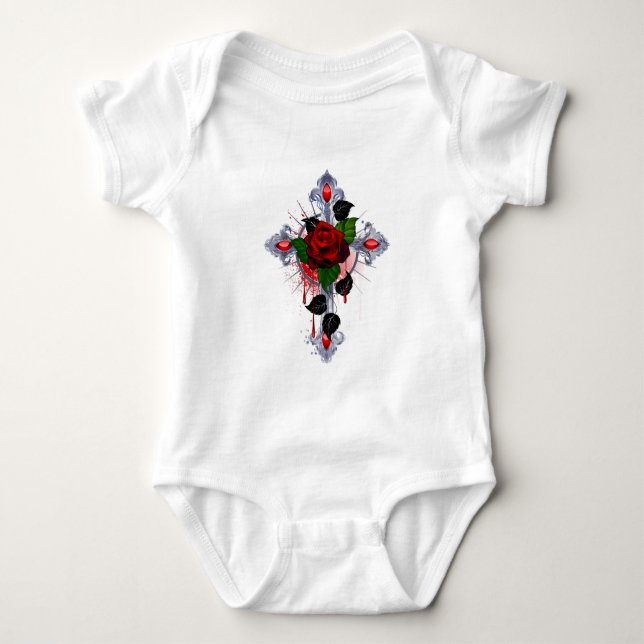 Body Para Bebê Cruz de Prata com Rosa vermelha (Frente)