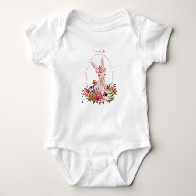 Body Para Bebê Cuja Solha Animal Coelhinha Floral Nome (Frente)