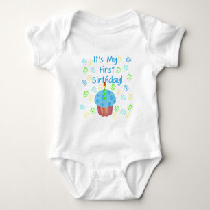 Body Para Bebê Cupcake azul com da vela aniversário primeirament
