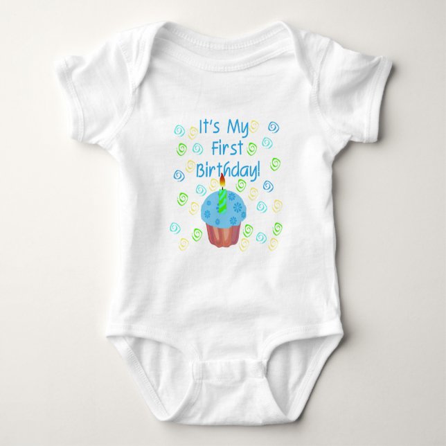 Body Para Bebê Cupcake Azul com Vela Primeiro Aniversário (Frente)